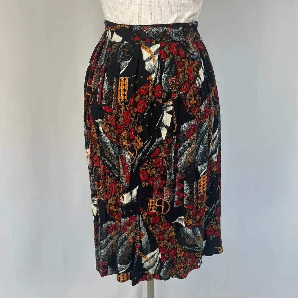 Vintage Midi Skirt Size 10 Petite 10P Black Red Mix Print Floral Preppy Academia